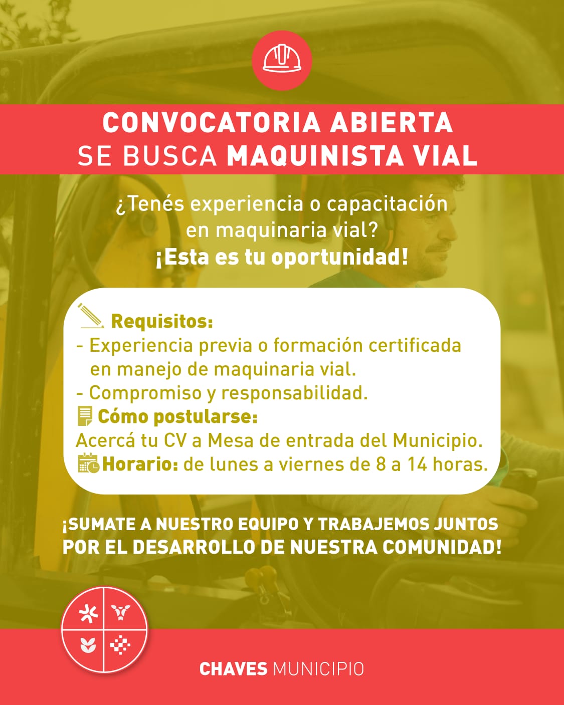 Chaves Municipio busca Maquinista Vial